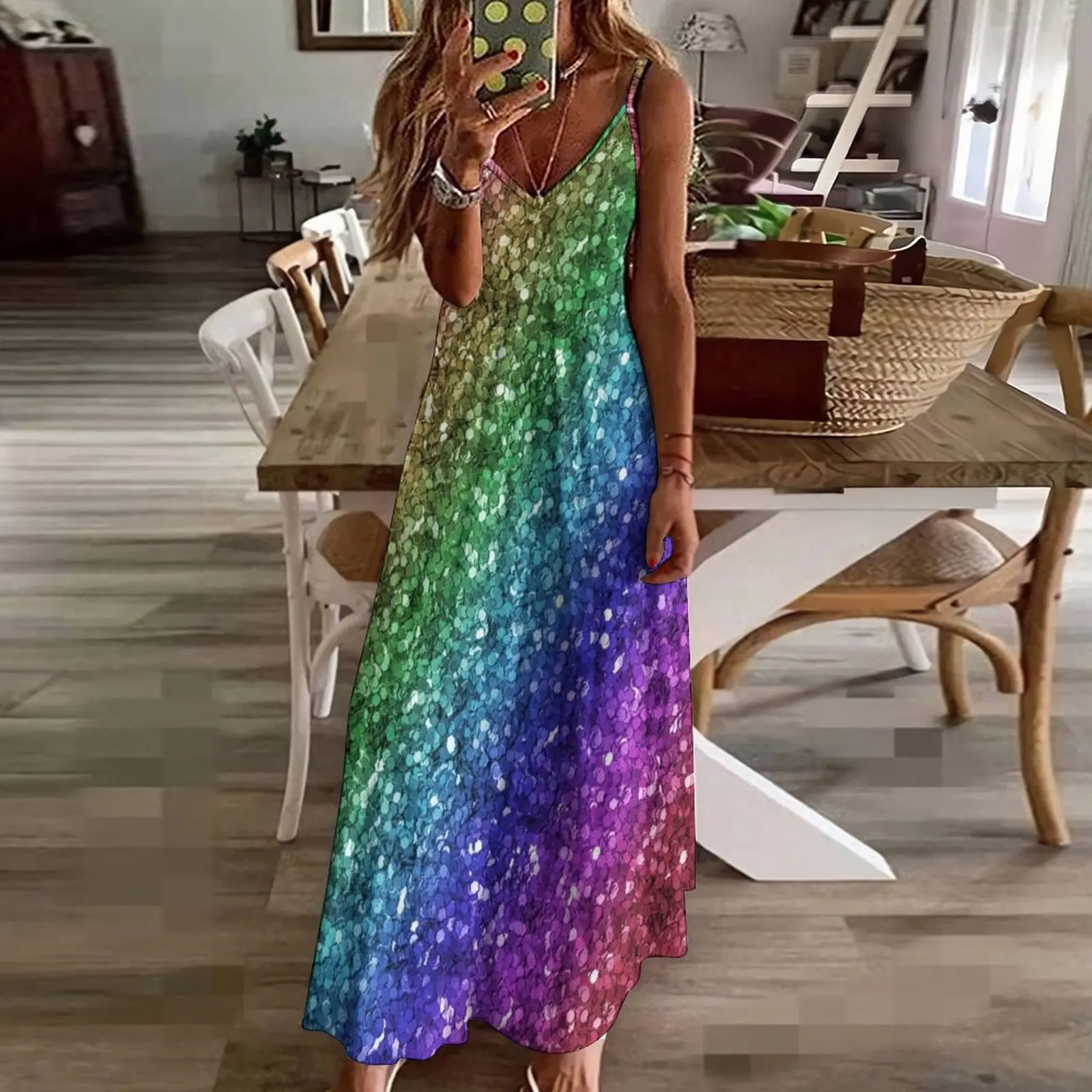 Glitter arco-íris unicórnio padrão sem mangas vestido longo vestidos de verão mulher 2025 vestido de baile de verão 2025