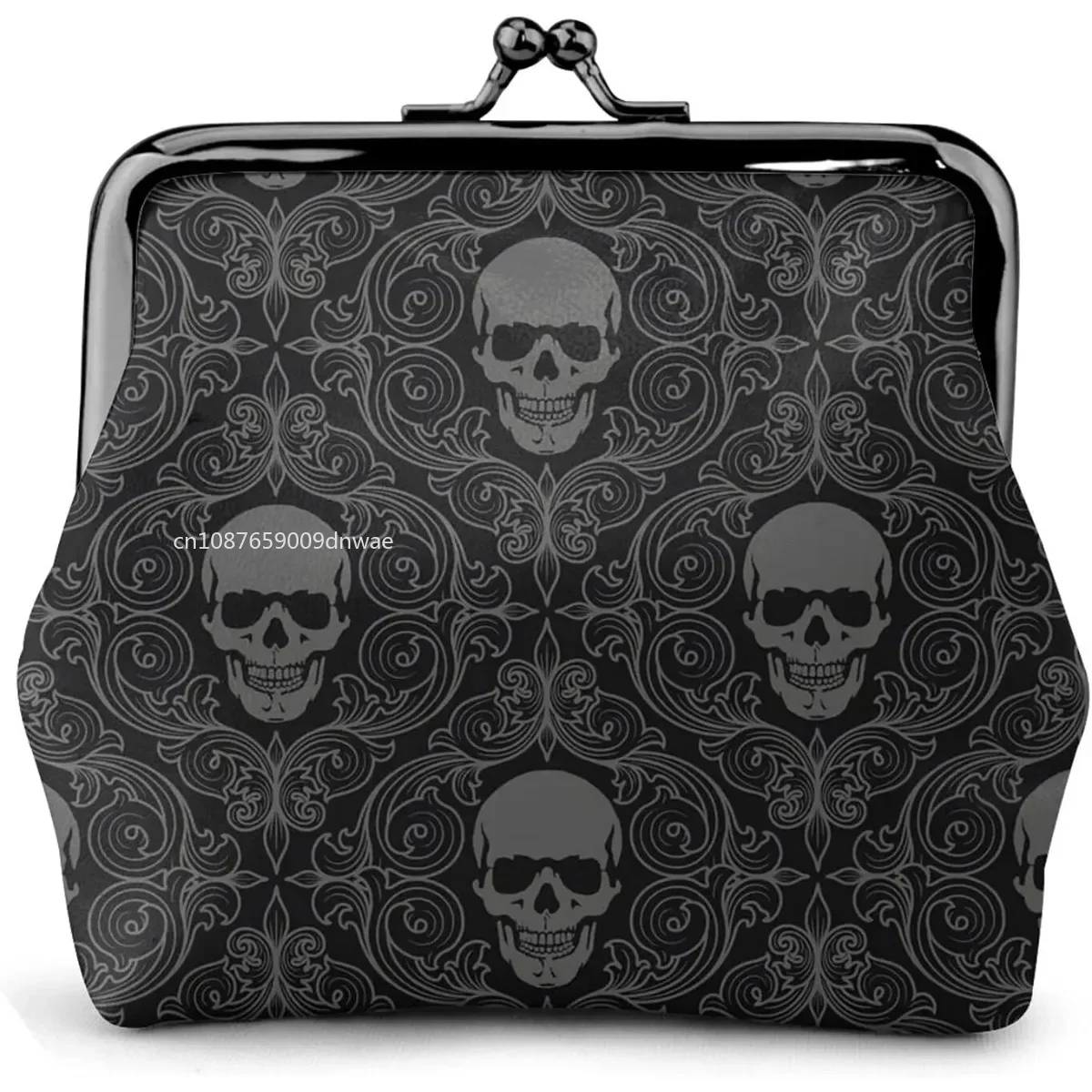 

Women'S Wallet Gothic Wallpaper For Walls Skull Damask Buckle Leather Coin Purses Pouch Kiss-Lock Change Travel Makeup Wallets