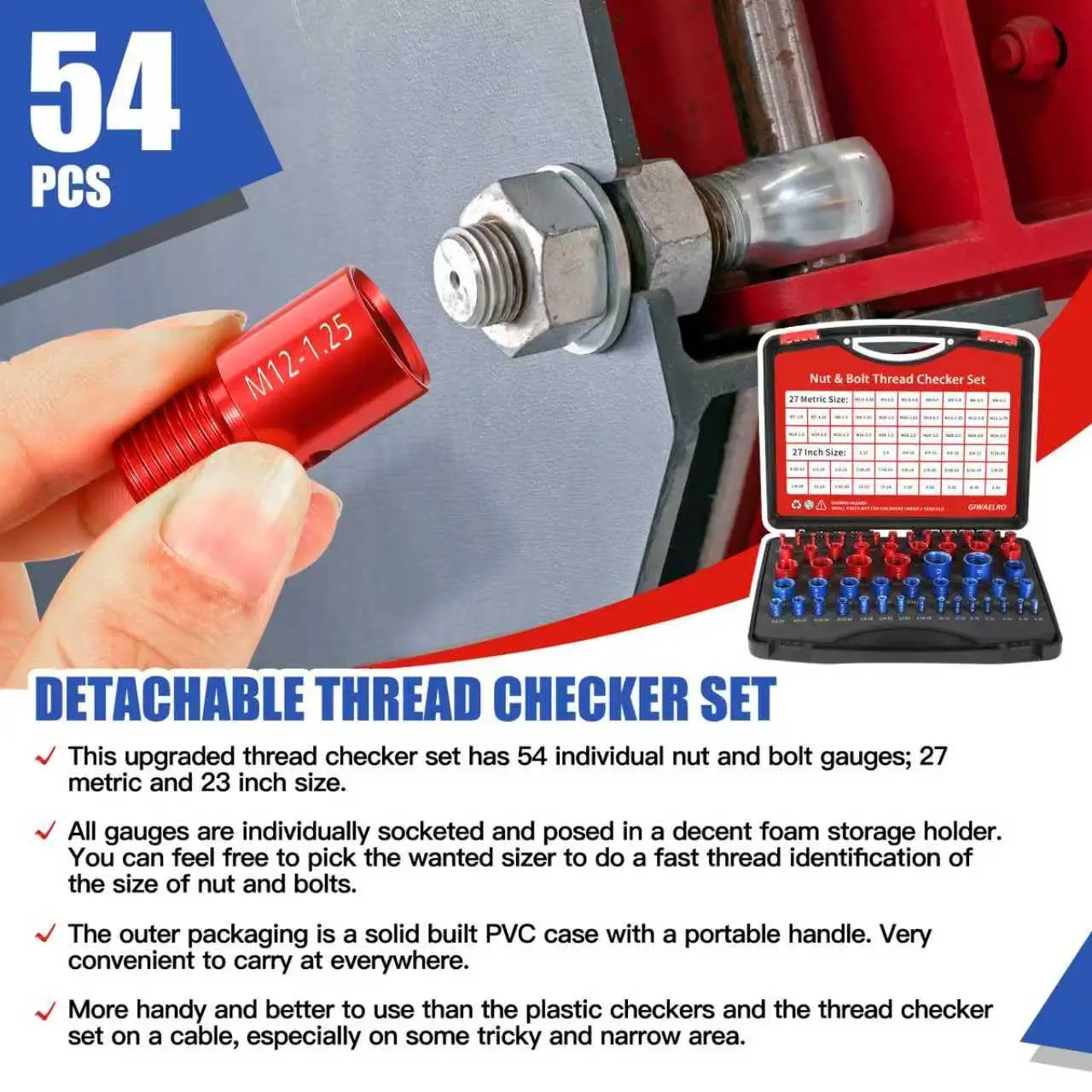 Set di 54 Pezzi per Controllo Filettature con Custodia - Calibri Metrici e SAE per Dadi e Bulloni in Spazi Ristretti