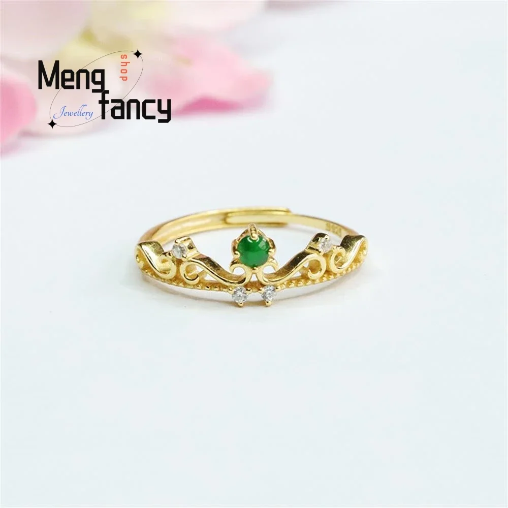 

S925 Silver Inlaid Natural Jadeite Ice Type Imperial Green Laurel Ring Exquisite High-grade Sexy Young Girls Fashion Fine Jewelr