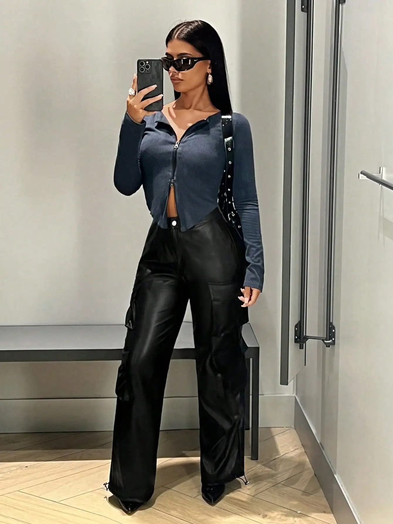 Casual overalls for women Women with wide legs artificial leather pants, high waist PU Y2K loose knit pants