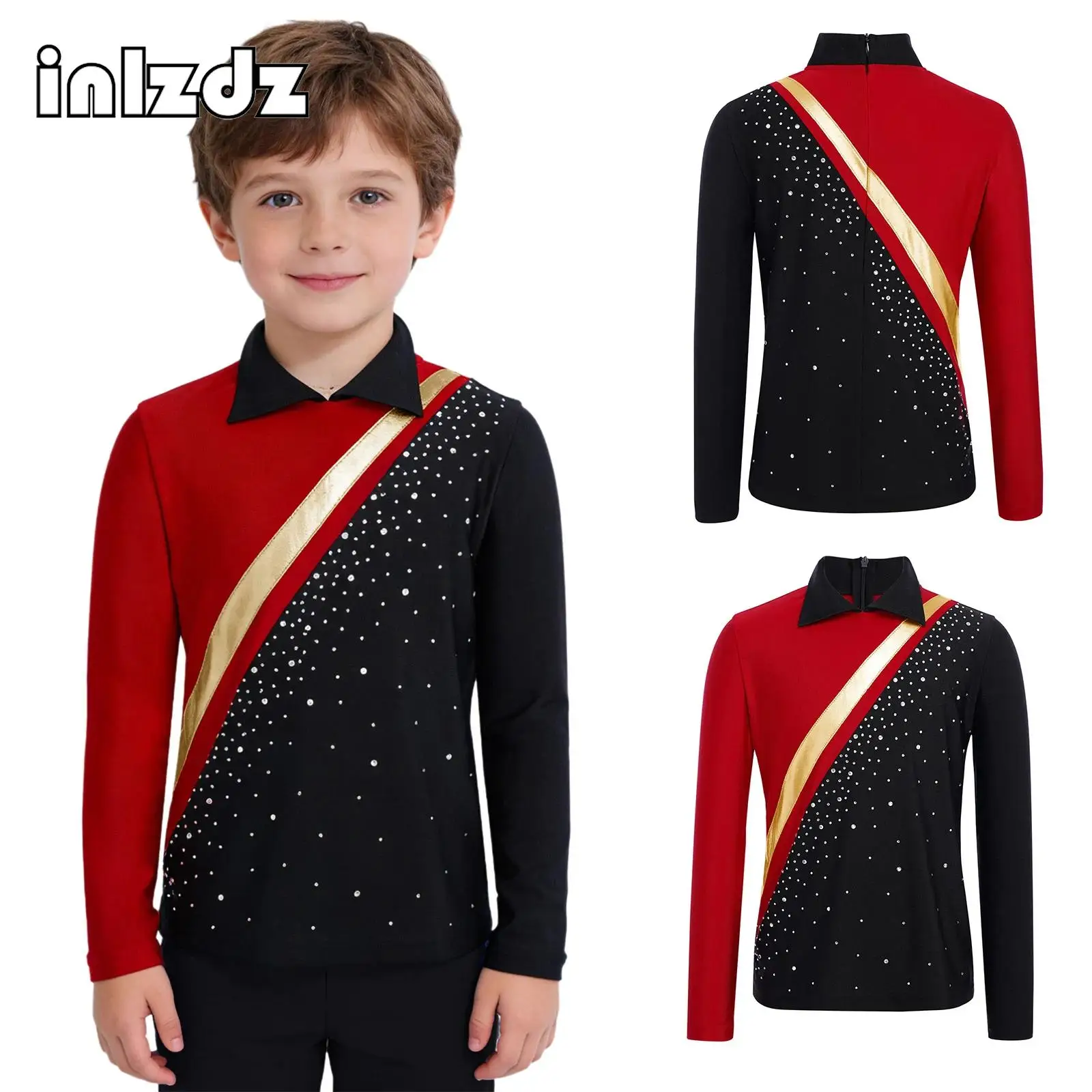

Sparkly Rhinestones Figure Ice Skating Costume Kids Boys Contrast Color Long Sleeve Top for Gymnastics Performance Competition