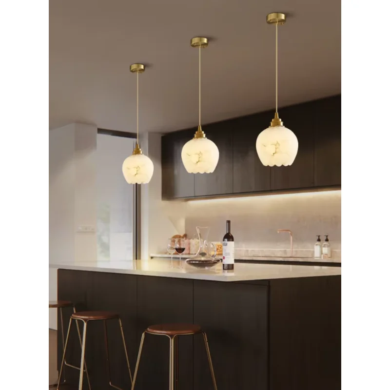 Nordic All Copper Marble Bedroom Bedside Small Pendant Light Minimalist Modern Restaurant Corridor Single Head Decorative Light