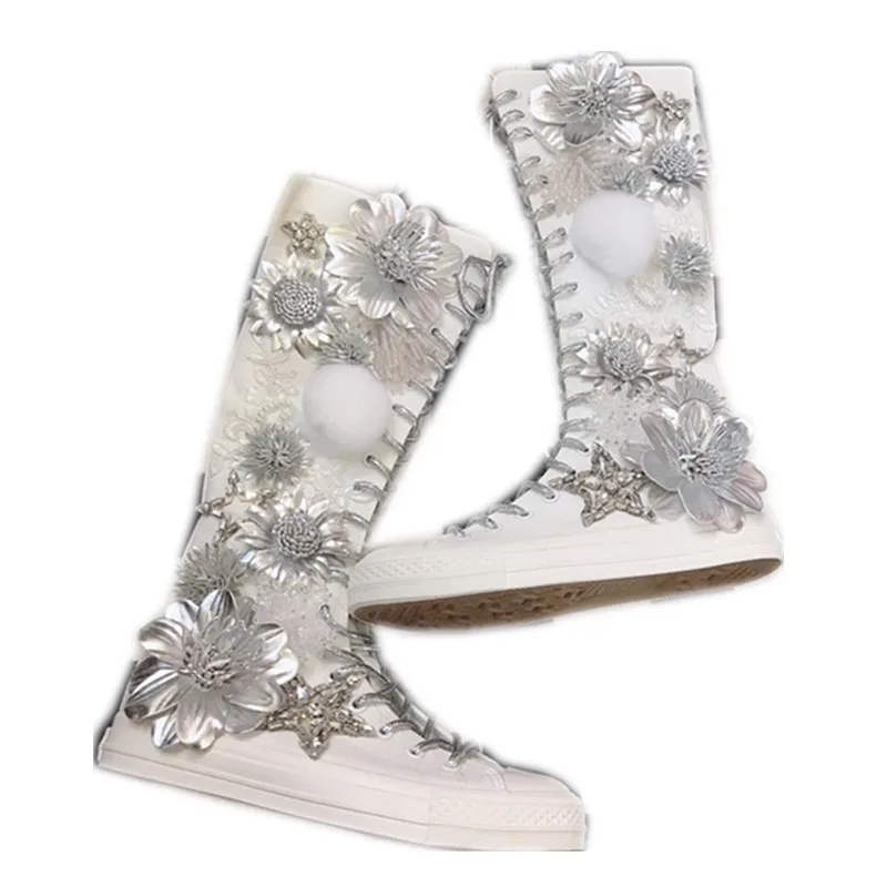 New Over-the-knee High Tube Heavy Industry Rhinestone Decorative Zipper Ultra-high Flat Bottom Fashion Canvas Shoes