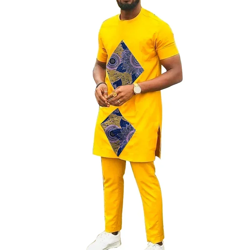 Rhombus Print Patchwork Men's Top Sets Yellow Cotton African Suits Male Outfits T Shirts With Pants Wedding Garment Customized