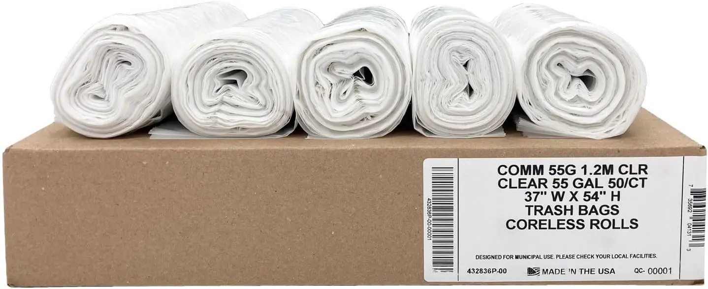 

Heavy Duty 55 Gallon Clear Trash Bags - 50 Pack, 1.2 MIL Industrial Strength for 37" x 54" Cans