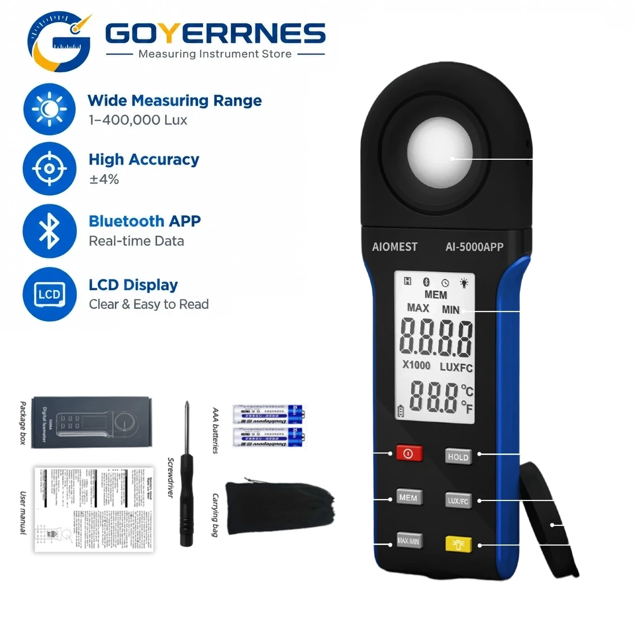 Digital Lux Meter 1-400000Lux Bluetooth Illuminance Light Tester for Indoor Outdoor Photography Lab Factory School Home Use