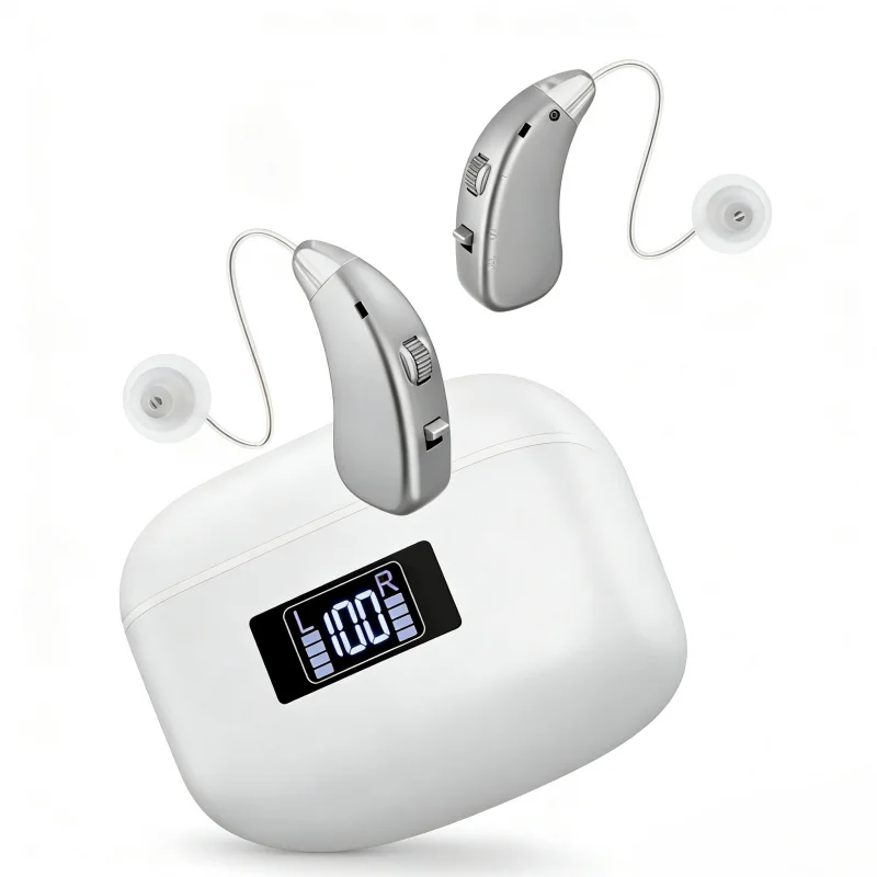 Fones de Ouvido Recarregáveis para Idosos com Carregamento Magnético e Amplificador Auditivo Ajustável de Baixo Ruído para Adultos