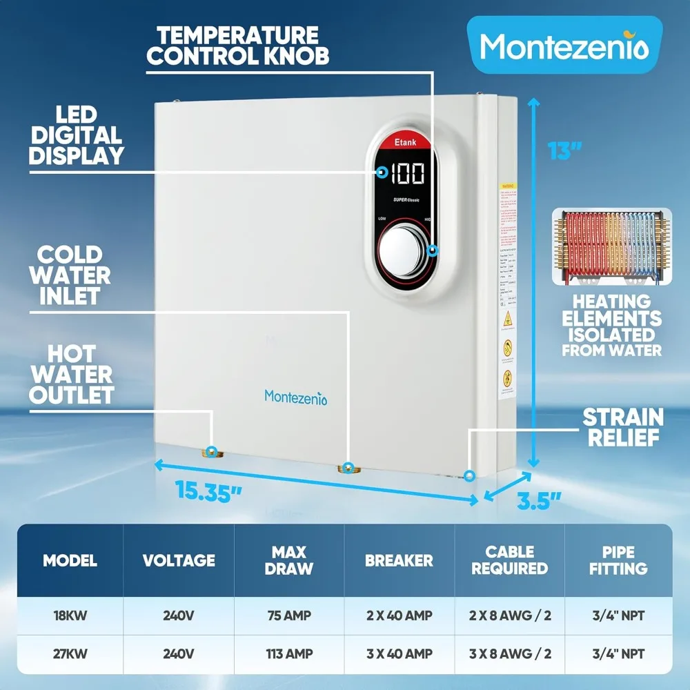 Tankless Electric Water Heater 18kW 240V, Instant On Demand Endless Small Hot Water Heater with Digital Temperature Display