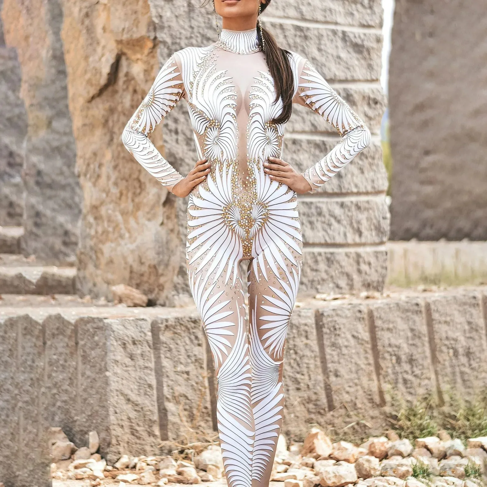 Lace Sequins Pattern 3D Printed Skeleton Robot Cosplay Costume Sexy Jumpsuit Women Halloween Party Clothing Slim Tight Bodysuit