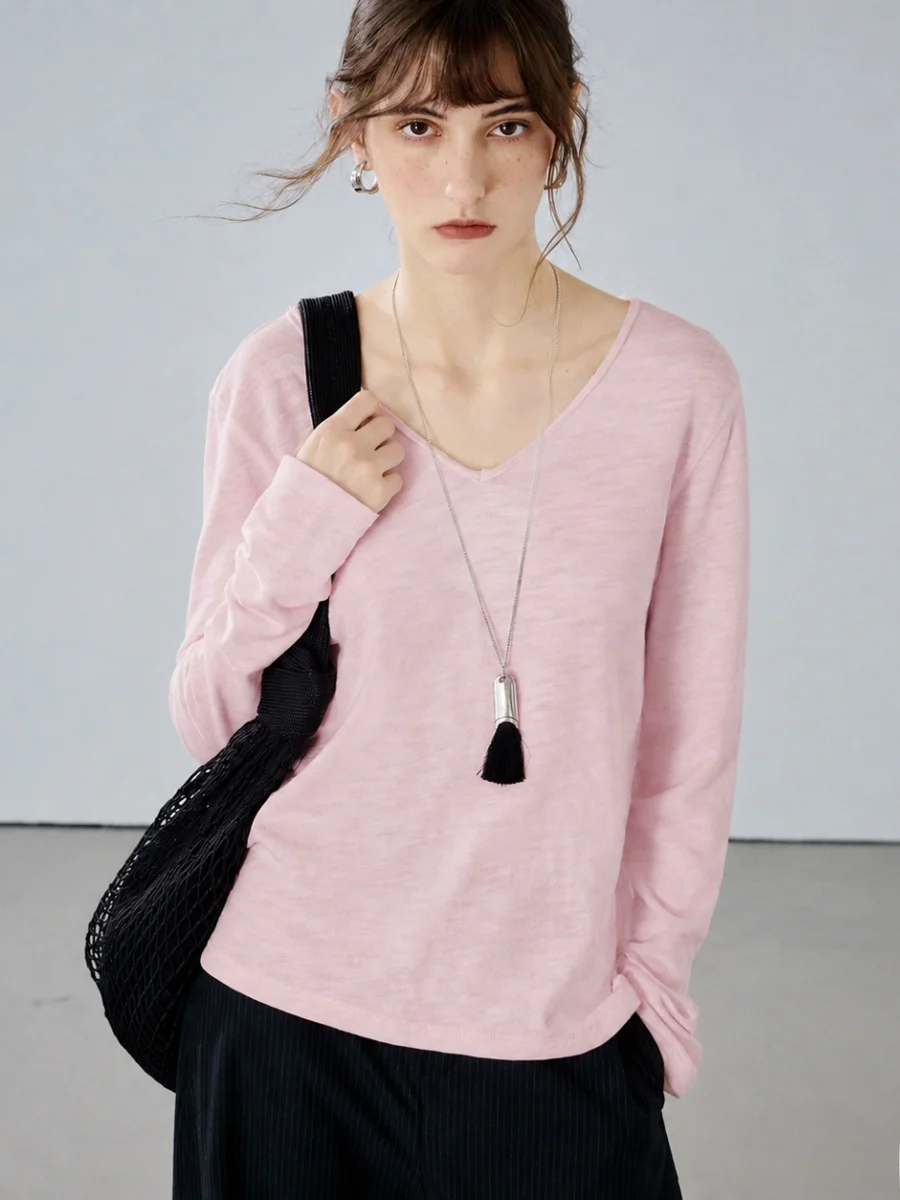 Soft Comfortable Bamboo Cotton Pink V-Neck Long Sleeve Fleece Lined Base Layer Shirt Women's T-Shirt Breathable Casual Wear