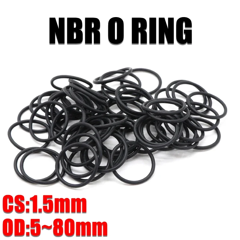 50pc NBR O Ring Seal Gasket Thickness CS 1.5mm OD 5~80mm Nitrile Butadiene Rubber Spacer Oil Resistance Washer Round Shape Black