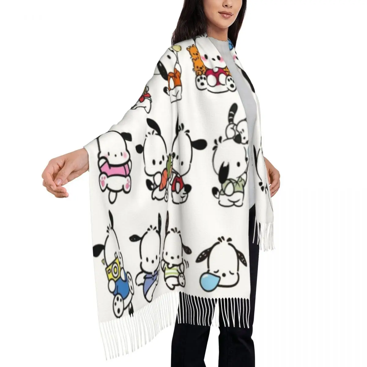 Custom Pochacco Cartoon Tassel Scarf Women Soft Shawls Wraps Lady Winter Fall Scarves