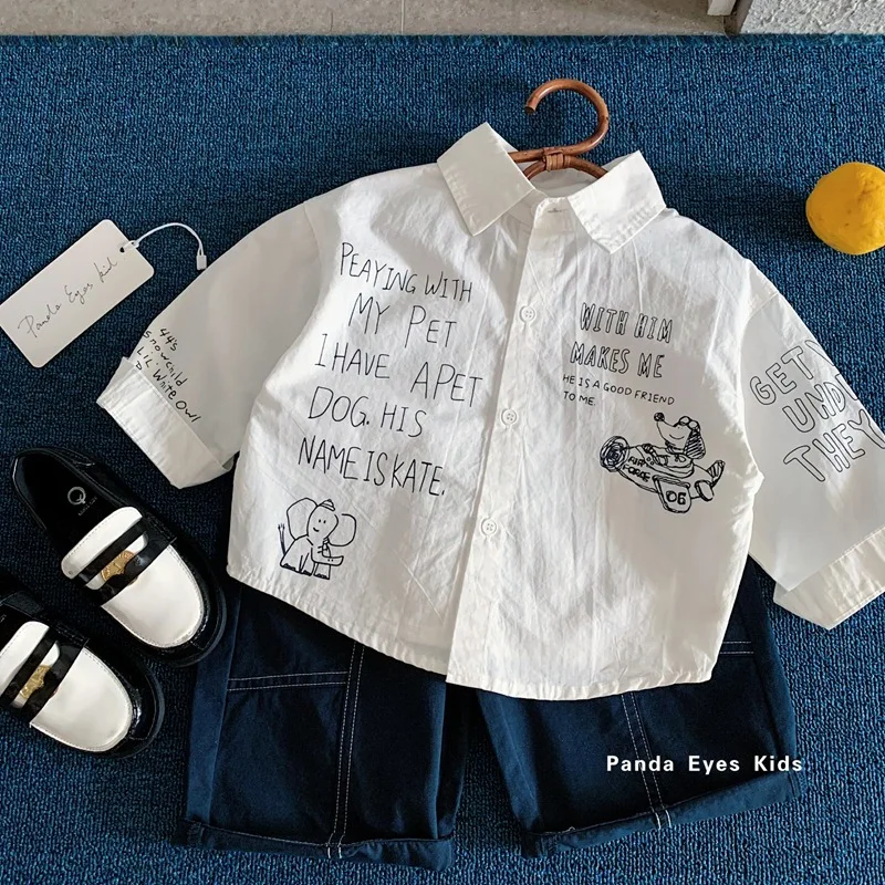 Children Clothing Boys Lettered Design Sense Shirt 2026 Autumn Boys Fashionable Long Sleeved Shirt Graffiti Casual Top