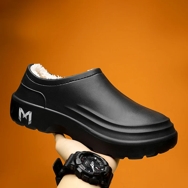 

Водонепроницаемые тапочки с добавлением хлопка, кухонная обувь с толстой подошвой, нескользящая мужская рабочая обувь для шеф-повара, мягкая и удобная, износостойкая, теплая