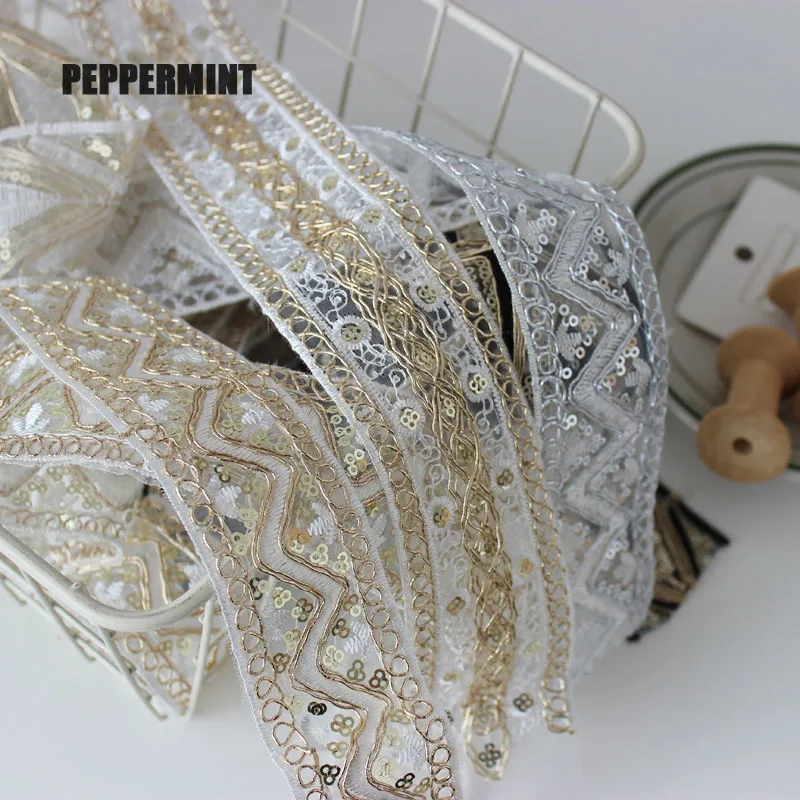 1yard 5cm Golden Silver Trim Wedding Sequins Tape Embroidered Webbing Handmade Sewing Mesh Ribbons Clothing Decorative Lace Trim