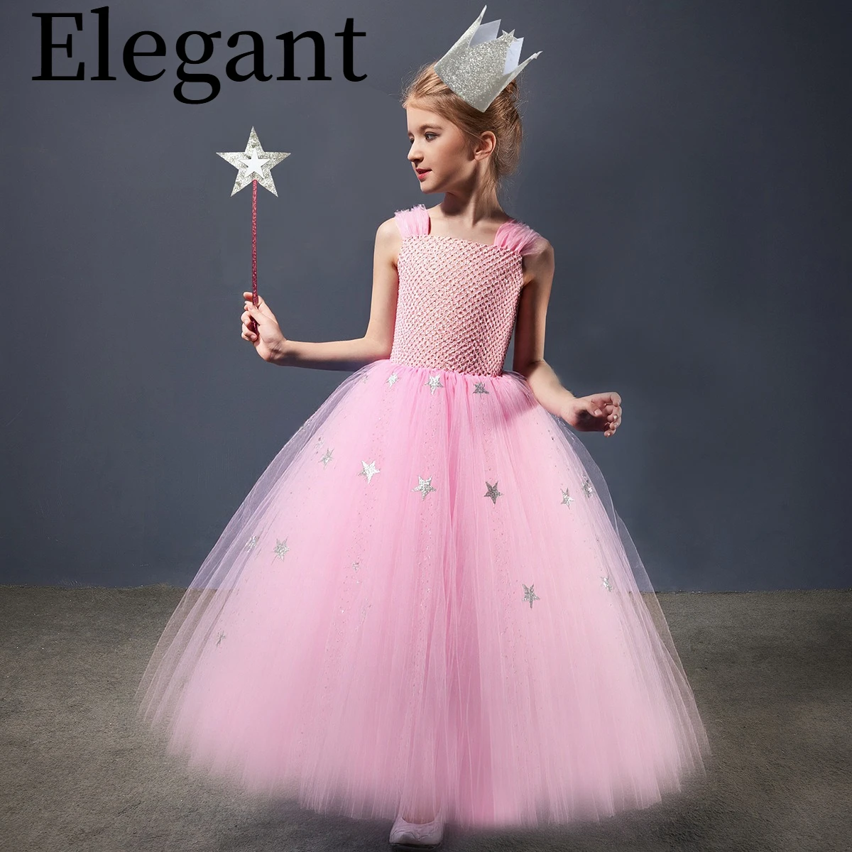 Children Elegant Sparkly Pink Magic Witch Long Tutu Dress With Silver Stars Crown Halloween Holiday Party Stage Performance Wear