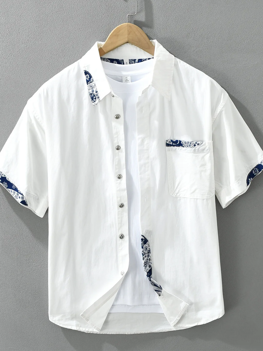 

Men's Summer New Loose Cotton Short Sleeve Shirt Patchwork Design Casual Shirt Street Style Flip Collar Button Closure
