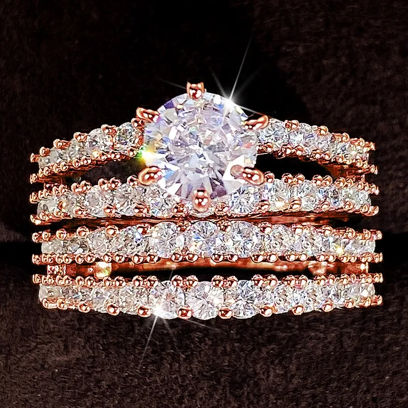 Huitan Trendy Hohl Set Ringe Voll Bling Iced Out CZ Stein Luxus Frauen Hochzeit Verlobung Ringe 2Pcs Set Schmuck drop Shipping – Detail 9