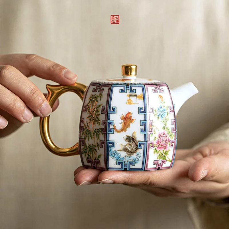 

Dehua White Porcelain Teapot Handmade Gold-plated Enamel Ceramic Teapot Household Single Pot with Filter Kung Fu Tea Set Tea Pot