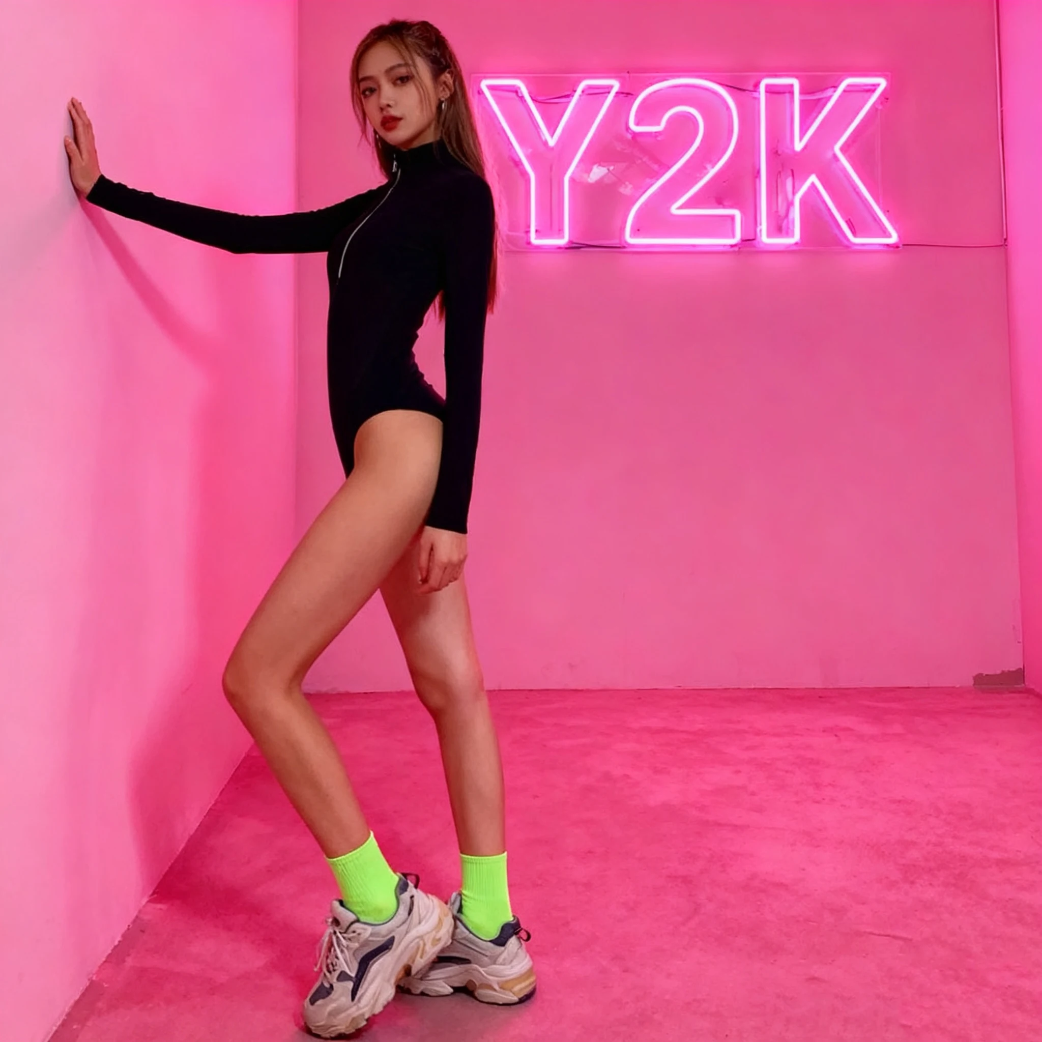 الأوروبية والأمريكية الساخنة فتاة مثير سليم صالح بلون طويل الأكمام ارتداءها الخريف Y2K الرجعية المرأة سستة بأكمام طويلة