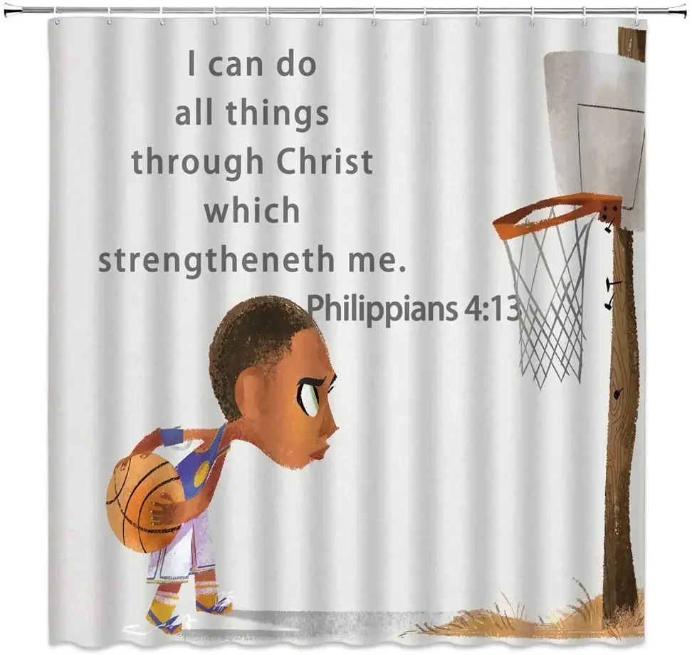 Inspirational Motto Decor Kid Holding Basketball Hoop Bible Backdrop,Polyester Bathroom Set Curtains