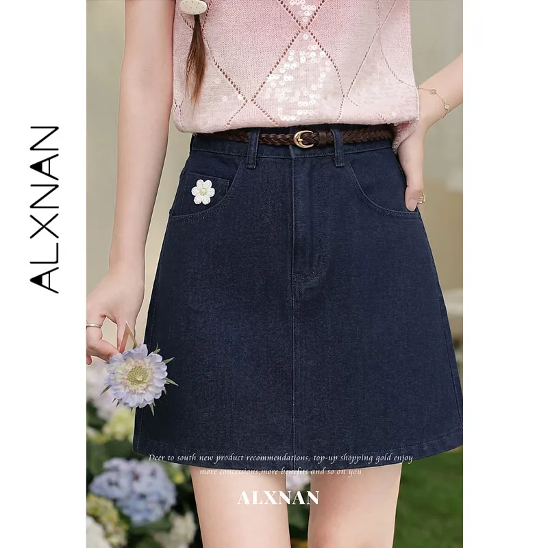 

ALXNAN Navy Blue Denim Mini Skirt Women High Waist Slim-fit A-line Bodycon Daisy Decor New Summer Style Short Skirts L661105A