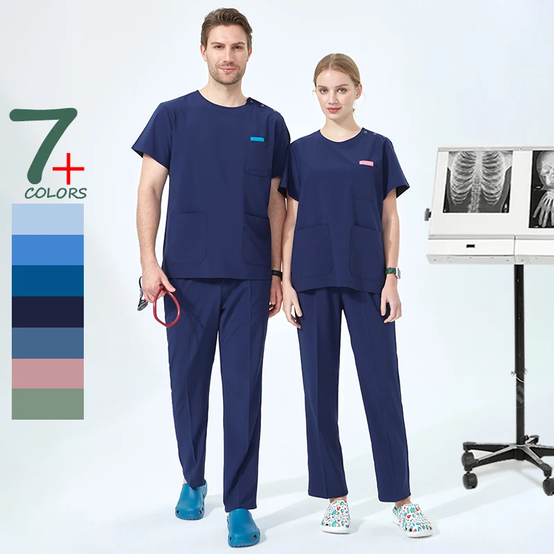 Unisex Nurse Scrub Set Crew-Neck Top Straight Leg Pant Dental Hygienist Uniforms Aesthetic Suits for Women Dentist Clothes S02