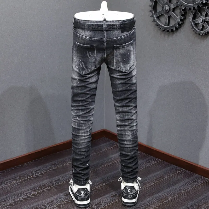 Street Designer Fashion Men Jeans High Quality Retro Black Gray Stretch Slim Fit Ripped Jeans Men Y2K Brand Vintage Denim Pants