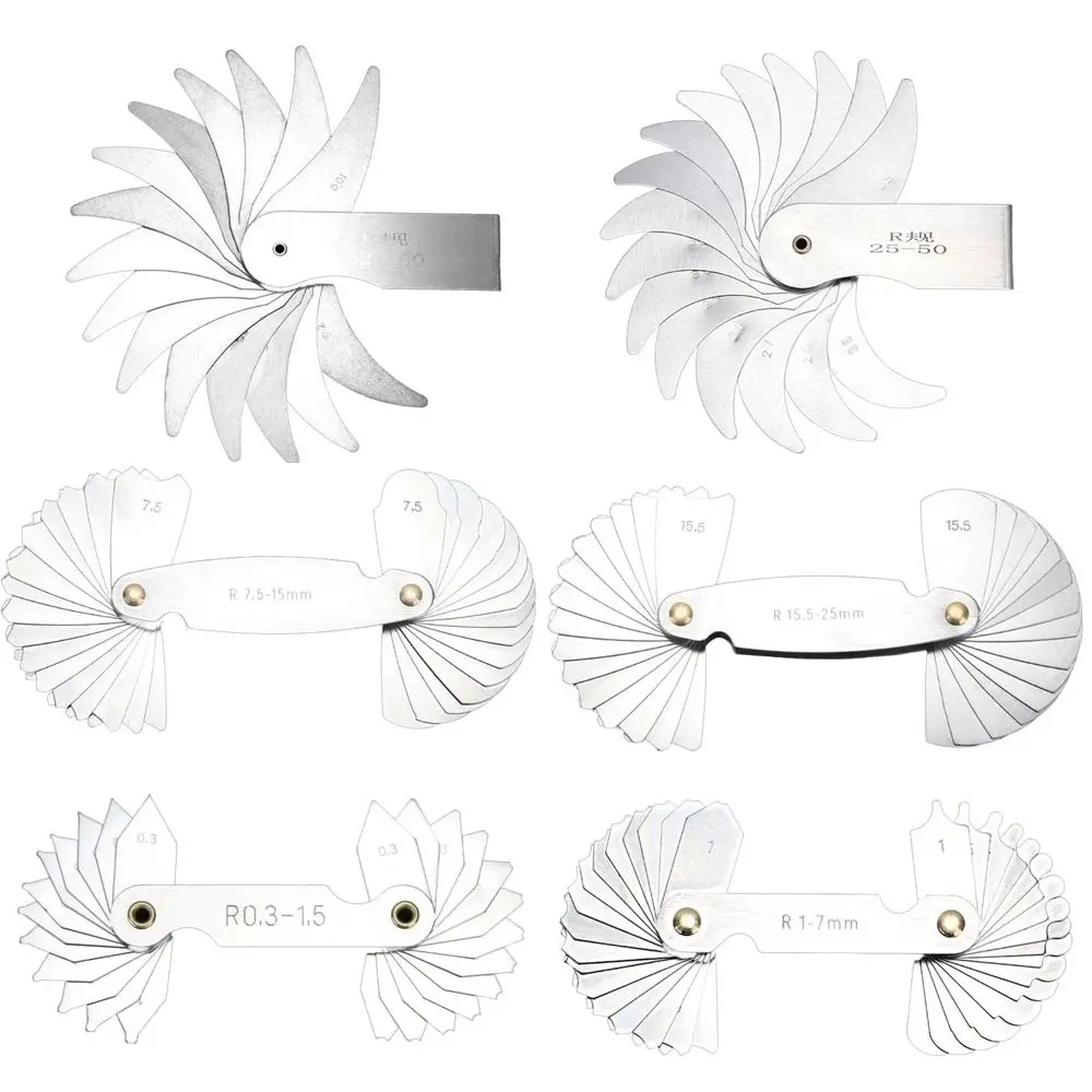 Stainless Steel Radius Gauge R0.3-1.5/R1-7/ R7.5-15/ R15.5-25 Arc Measuring Tool Sample R Gauge Screw Pitch