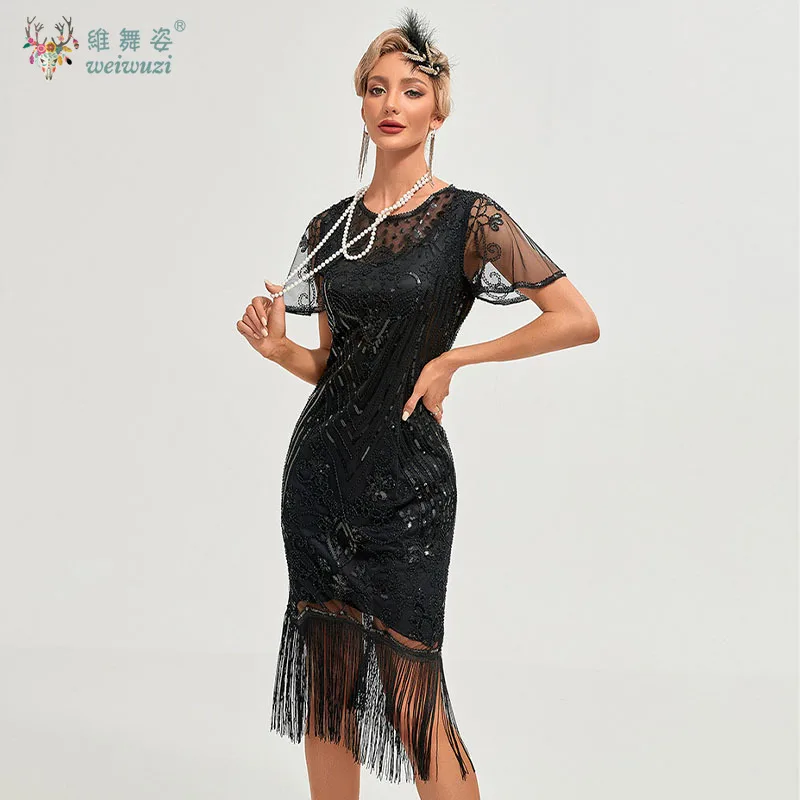 المرأة موضة خمر شبكة مطرزة شرابة خياطة قصيرة الأكمام الجولة الرقبة سليم فستان الحفلات حجم كبير S-4XL حفلة كوكتيل