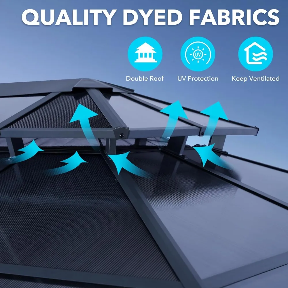 

10' X 13' Permanent Hardtop Gazebo, Outdoor Polycarbonate Double Roof Canopy with Breathable Netting & Privacy, Customized