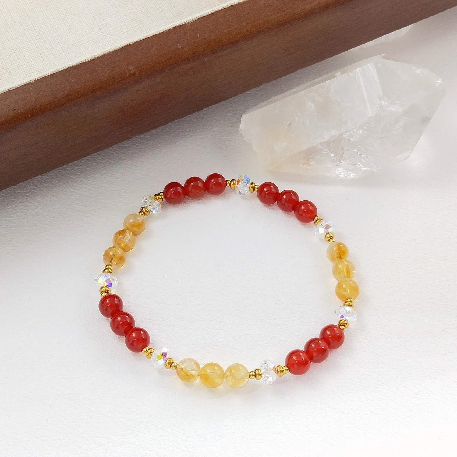 

Lii Ji 6mm Red Agate Citrine Natural Stone With Crystal Stainless Steel Elastic Bracelet 19cm