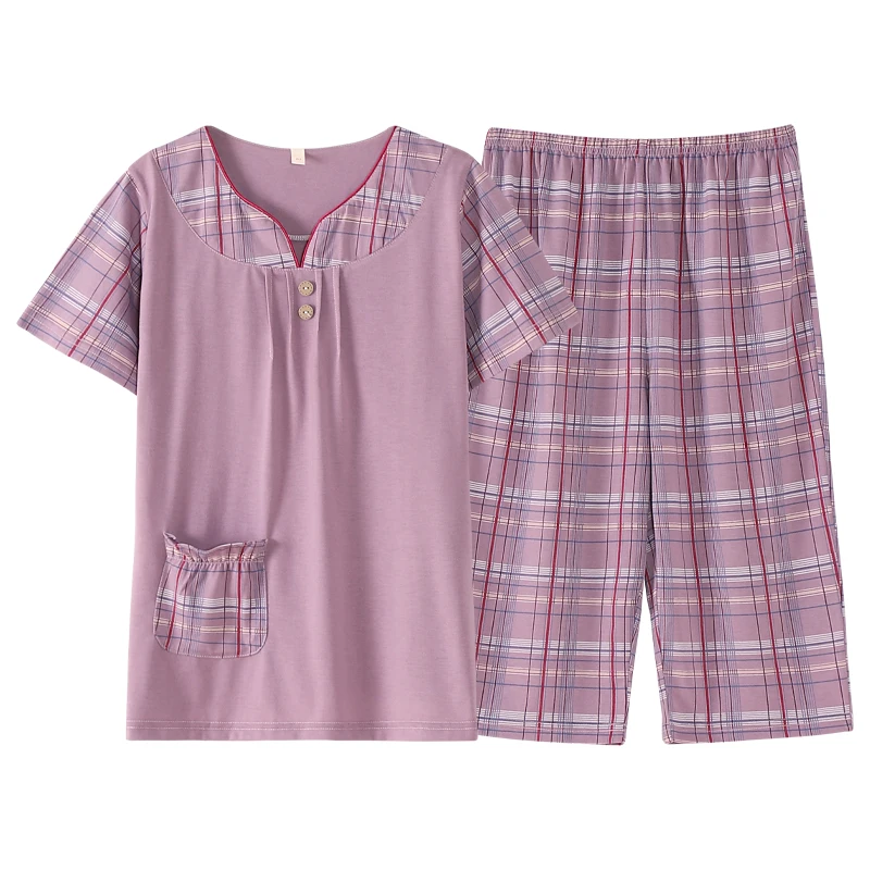 

4XL women's pajamas pure cotton short sleeved cropped pants printed summer women's home clothing loose size set