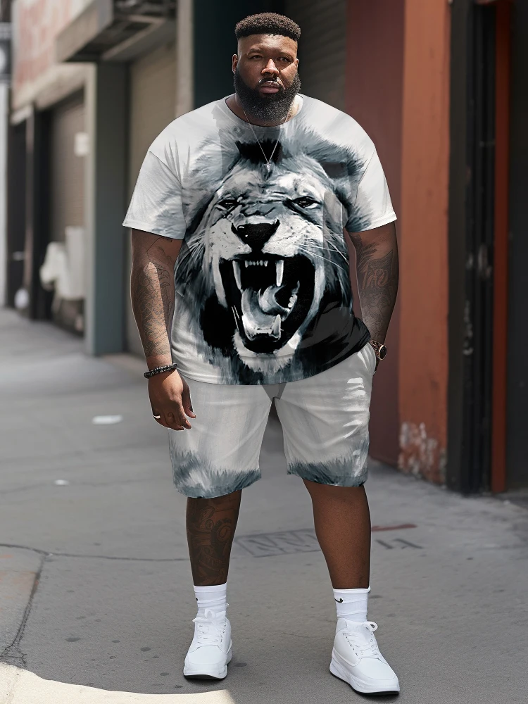 ZOOY (L-9XL) Plus Size Men\'s Waist 166cm Tiger Lion Head Gradient Colored Print Trendy Cool Short sleeved T-shirt Shorts Set