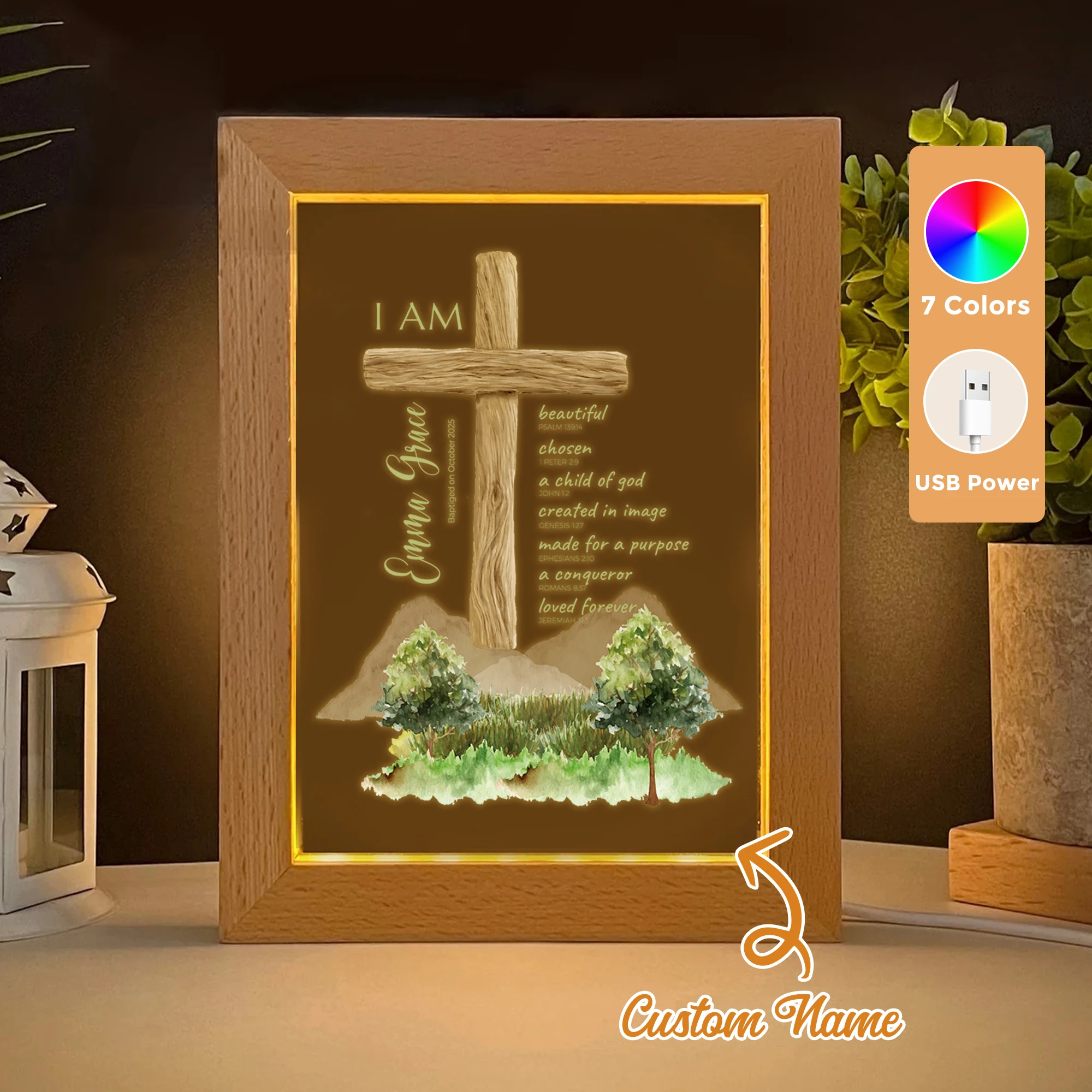 

2D Flat Custom Name Christian Believers LED Acrylic Night Light Wood Photo Frame 21x17cm Family Bedroom Gifts Home Decor