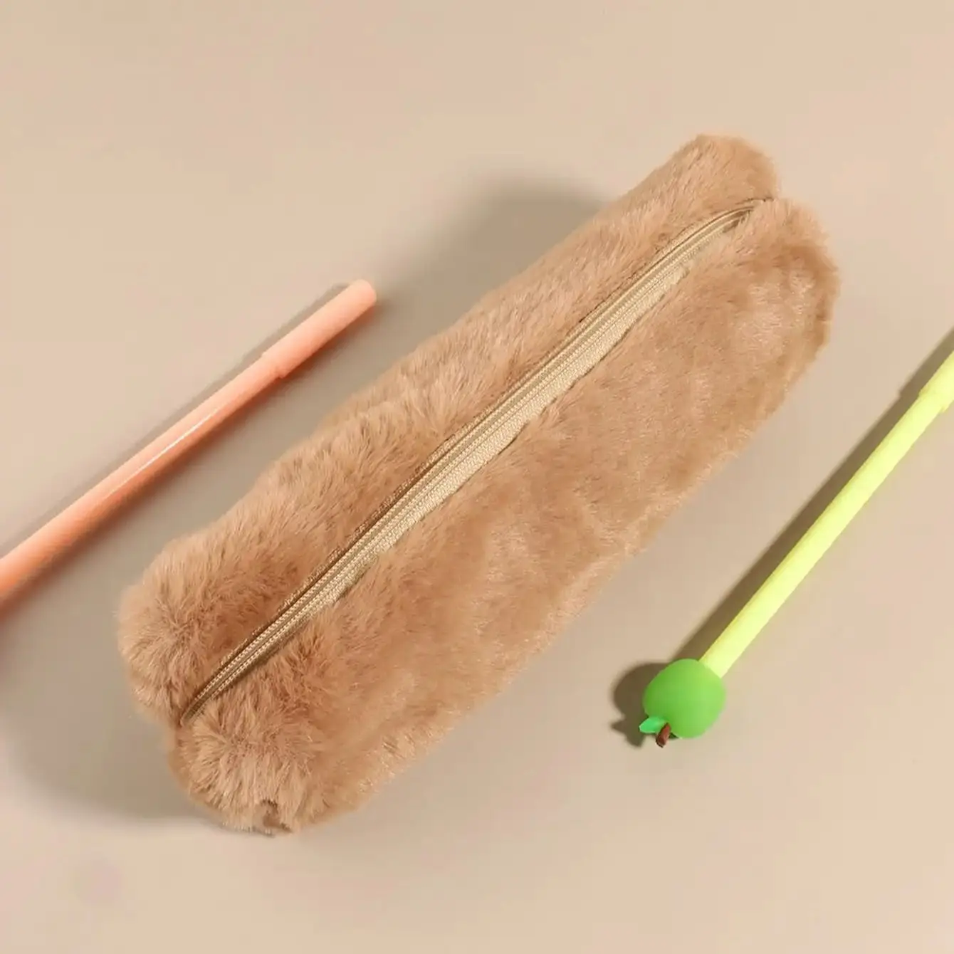 1PC Simple Solid Color Long Plush Cosmetic  Bag, Portable Daily Small Items Makeup  Lipstick Storage Organize Bag