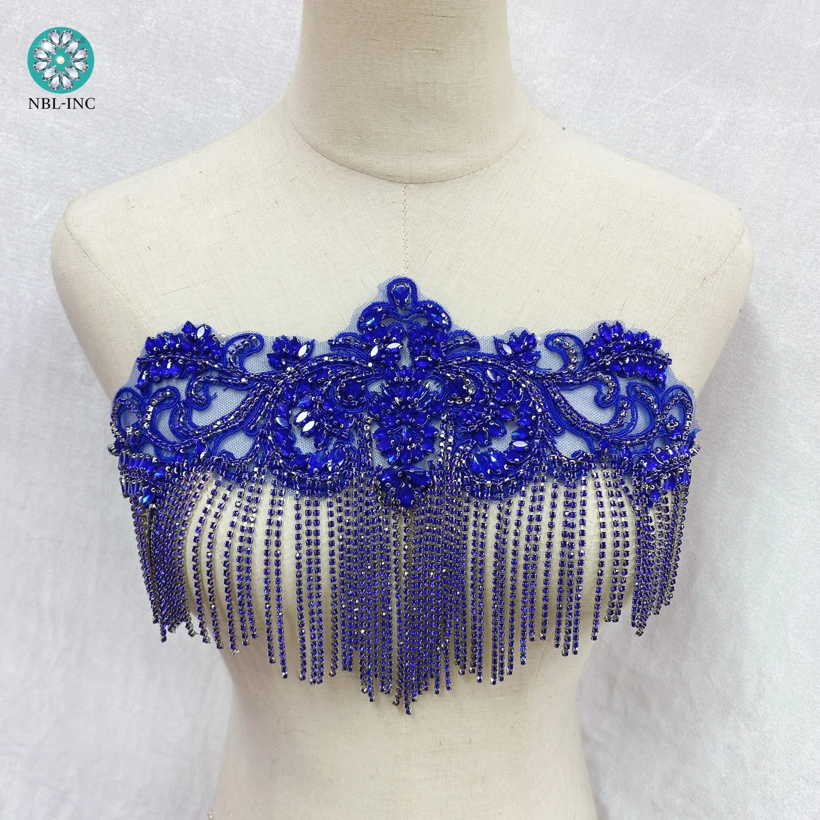 (1PC) Handmade crystal rhinestones wedding collar with tassels appliques for clothes decoration WDD1368