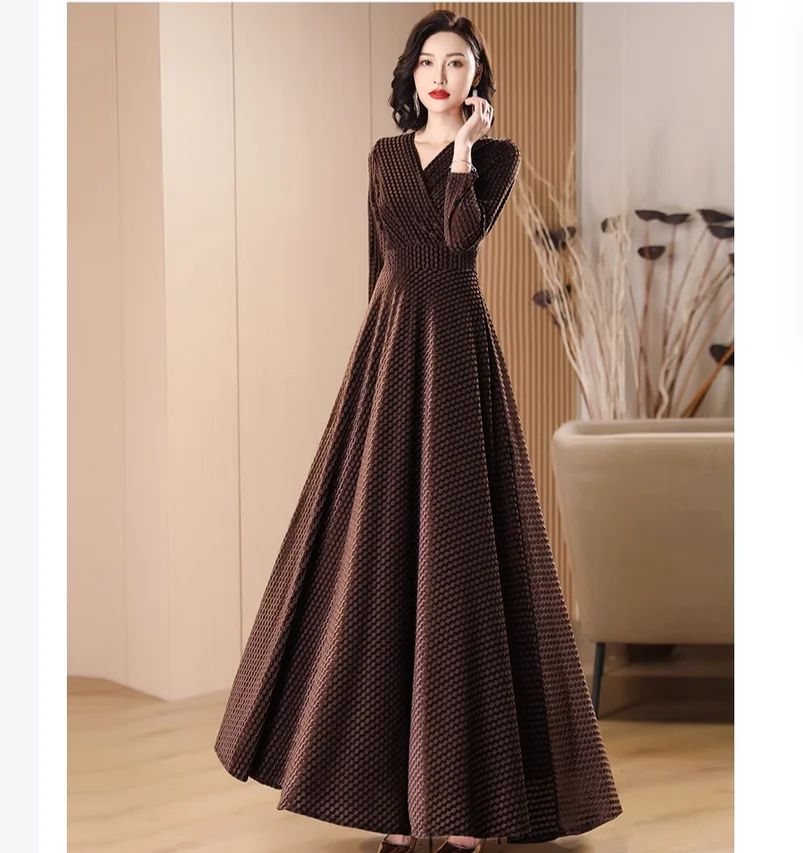 

Spring and Autumn Plush Coffee Color Temperament Waist Collection Long Sleeve Dress