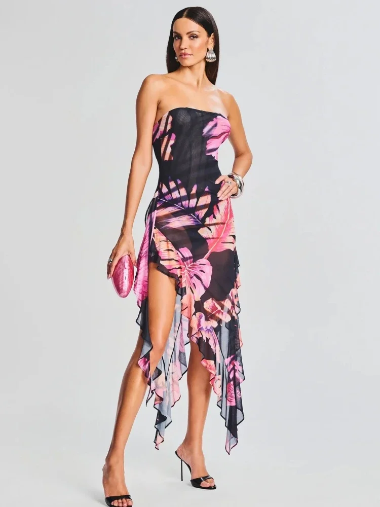 

Sexy Strapless Printed Ruffles Midi Dress Women Black Sleeveless Mesh Floral Asymmetrical Slim Holiday Party Club Dress