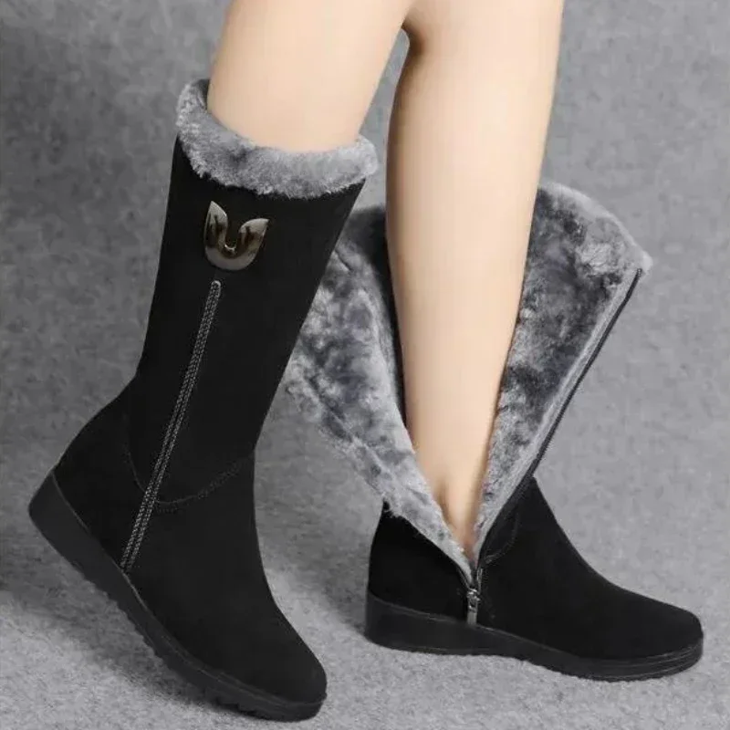 Women\'s Shoes Fashion Women Warm Chelsea High Fur Boots 2024 New Women Boots Mid-calf Plush Snow Flat Boots Zapatos Para Mujeres