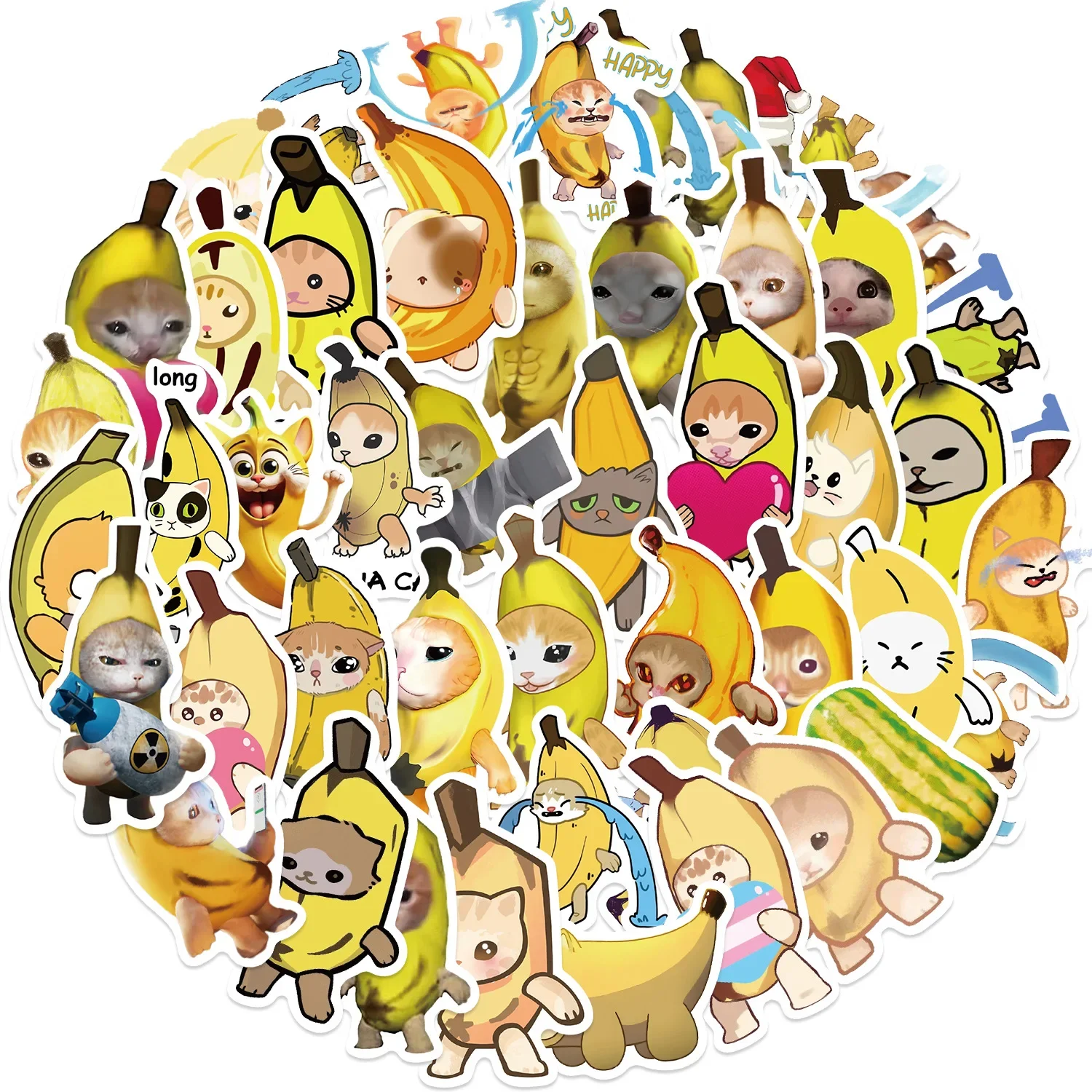 50Pcs Cute Cartoon Crying Banana Cat Stickers Funny Meme Graffiti Decals for Laptop Suitcase Waterproof Sticker Kids Toys