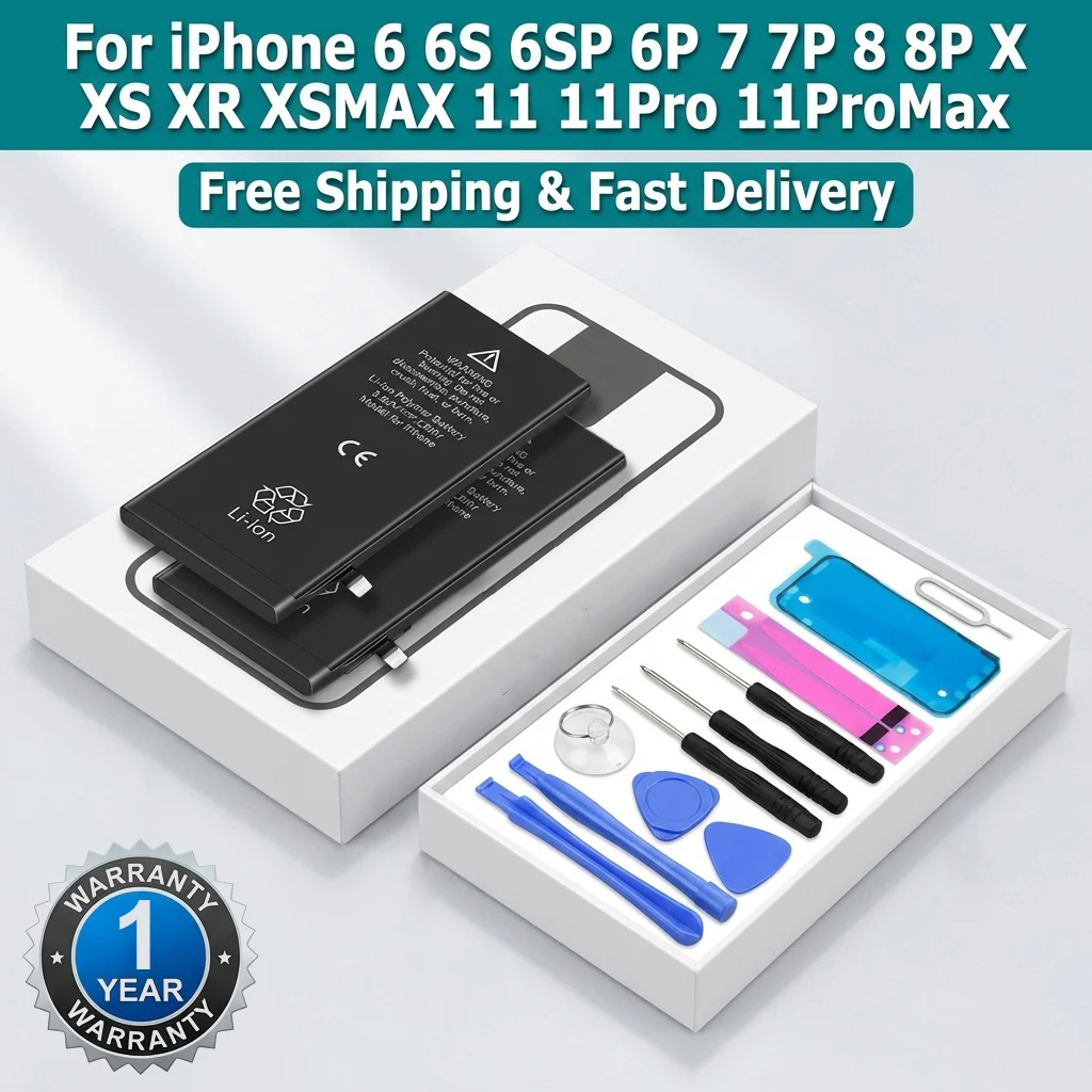 

High Capacity Replacement Battery for iPhone 7/8/8 Plus/6s/6 Plus/XR/XS/11Pro Max High Capacity Bateria with Free Tools Kit
