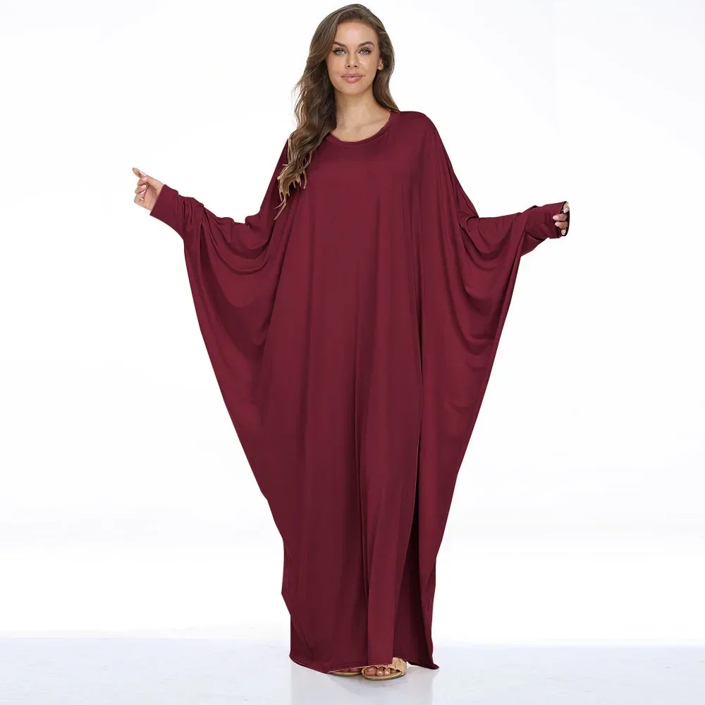 Muslim Abaya Prayer Garment Casual Jalabiya Loose Robe Big Bat Sleeve Gown Eid Women Musulman Islam Round Neck Maxi Kaftan Dress