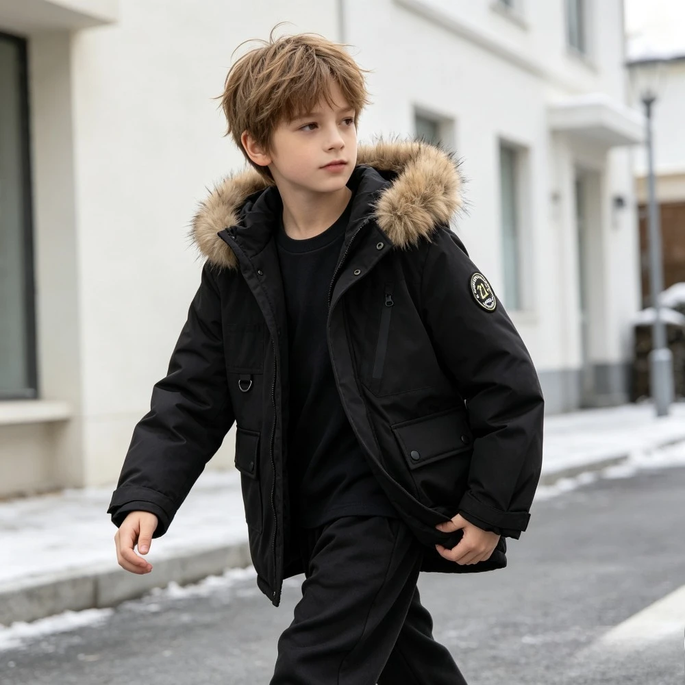 Boys Winter Parka Jacket Faux Fur Hooded Thick Warm Windproof Coat Multi‑pocket Outdoor casual Kids Black Outerwear For 8‑12Y