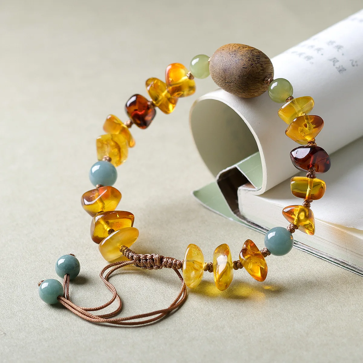 

Handwoven Yellow Agarwood Barrel Beads Bracelet with Irregular Amber Beads Hetian Jade and Jadeite Accents Gifts