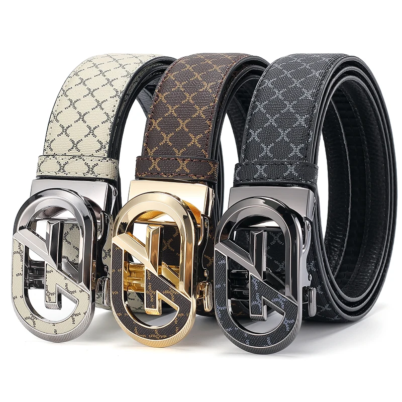 

Men's B Letter Automatic Buckle Belt Plaid Monogram Print PU Leather Waist Belt for Business Casual Jeans
