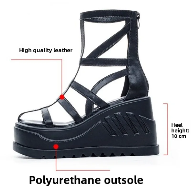 Women Cool Boots Summer Mesh Breathable Hollow Out Boots Fashion Wedge Heels Platform Boot Summer Open-toe Fish Mouth Cool Boots