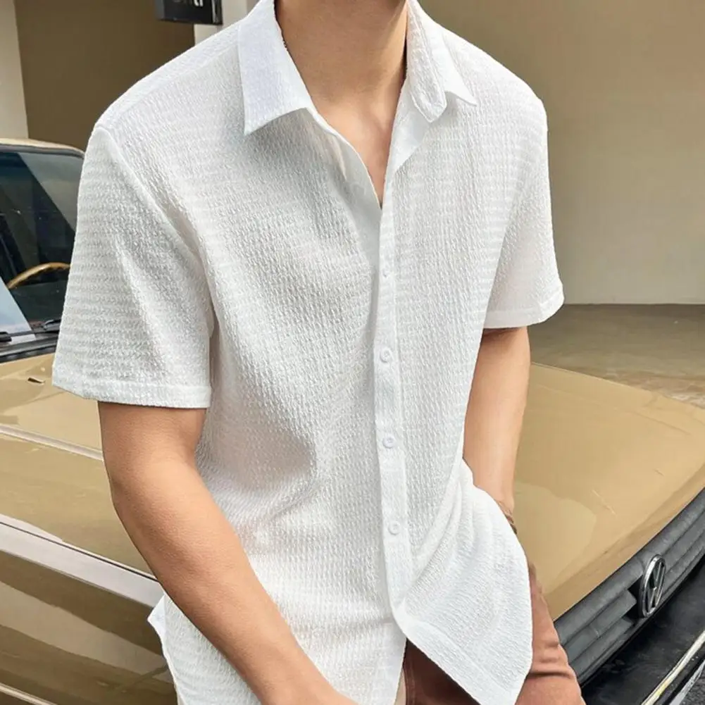 Casual Top Stylish Men's Water Wave Texture Shirt Single-breasted Loose Fit Short Sleeves for Summer Office Commute Men Loose