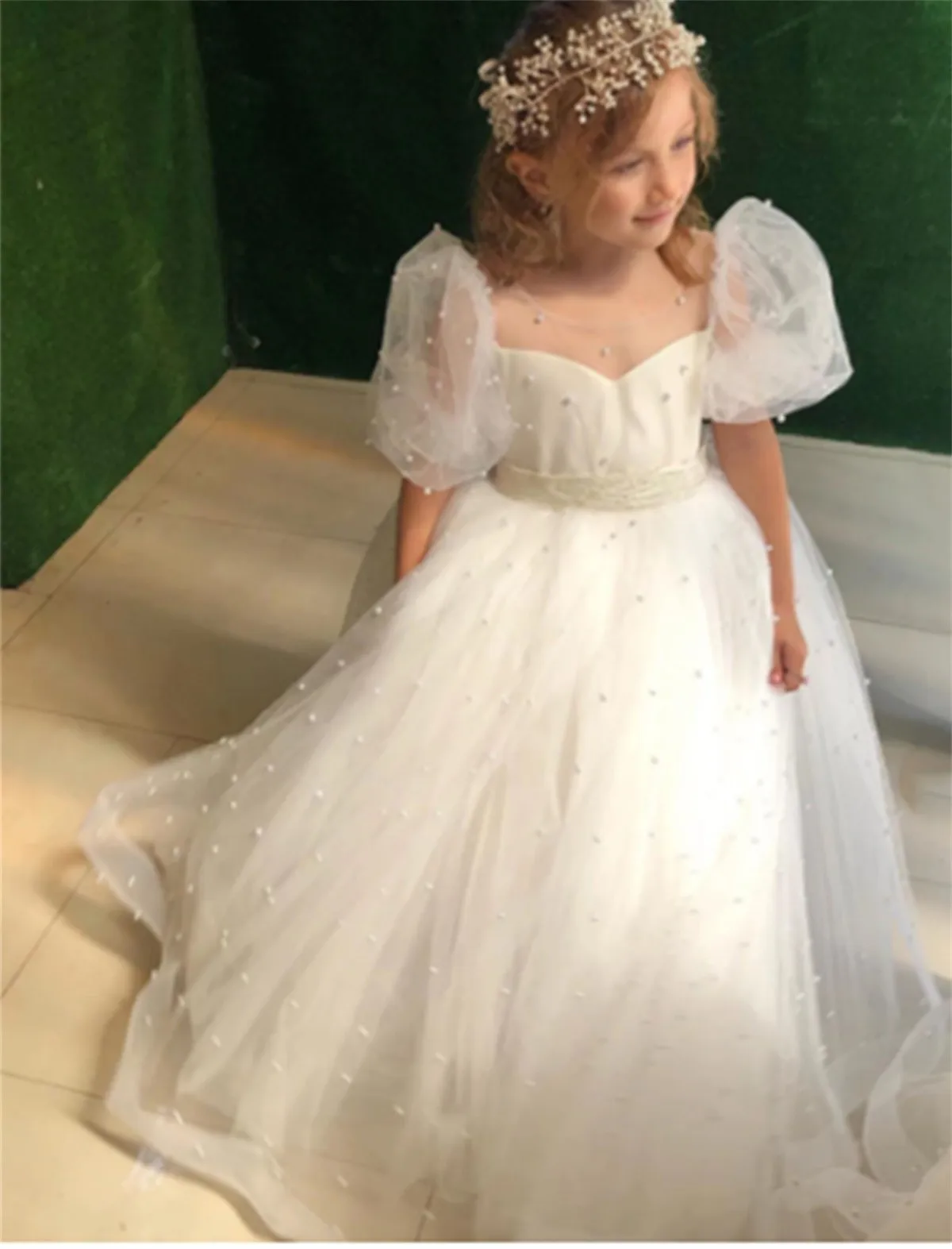 

Tulle Lace Flower Girl Dress Ivory White Pearl Bow Princess Wedding Cute Little Child Party First Communion Dress Ball Gowns